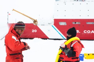 Chris Polashenski, ice scientist, and Rebecca Molinari, ice safety officer, wrapping up another ice deployment. 