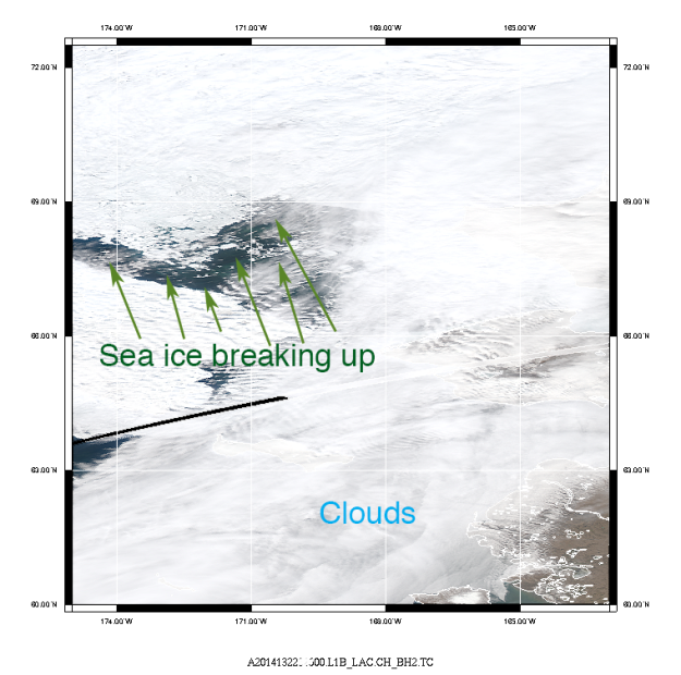 May 13th, 2014 composite True Color image of the Chukchi Sea region shown the breaking up of the sea ice.